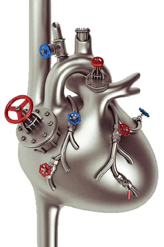 Illustration eines metallischen Herzens mit Ventilen und Rohrleitungen, symbolisch für medizinische Technik oder Herzgesundheit