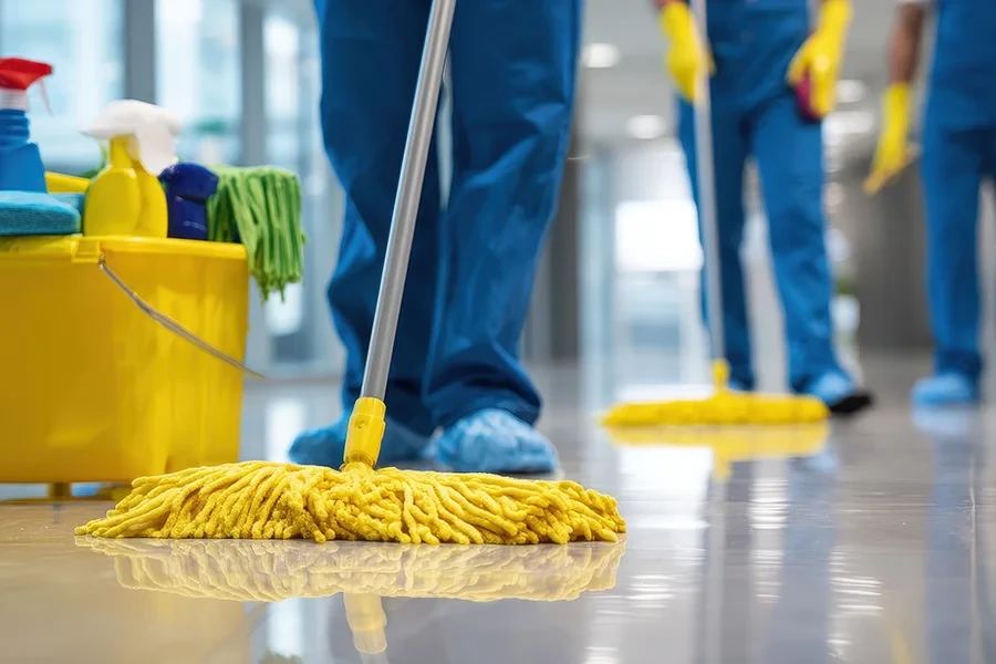 teaser start professionelle Gebäudereinigung mit Wischmopp in Bürogebäude