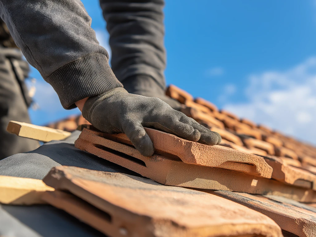 Handwerker bei Dacharbeiten legt Dachziegel auf ein Hausdach