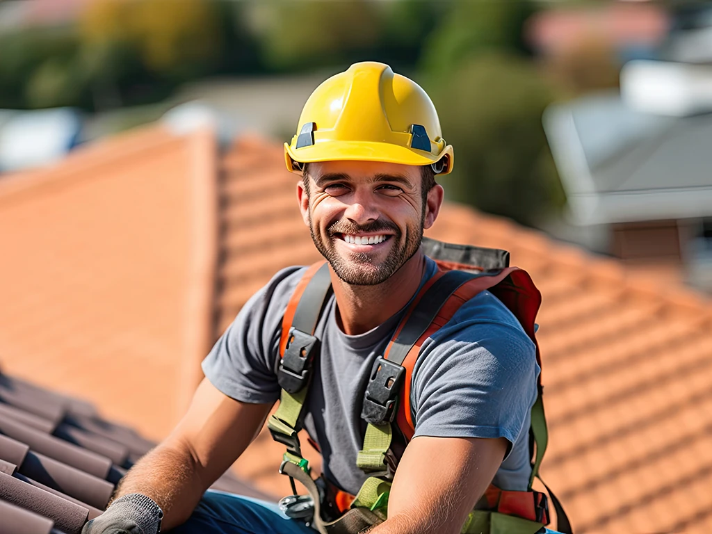 Dachdecker mit Schutzhelm und Sicherheitsausrüstung arbeitet auf einem Ziegeldach
