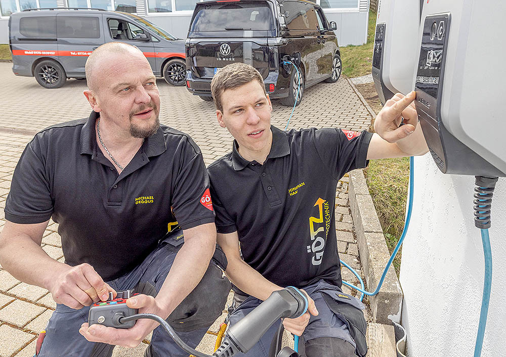 Zwei Techniker installieren eine Ladestation für Elektrofahrzeuge, im Hintergrund ein VW ID. Buzz beim Laden.