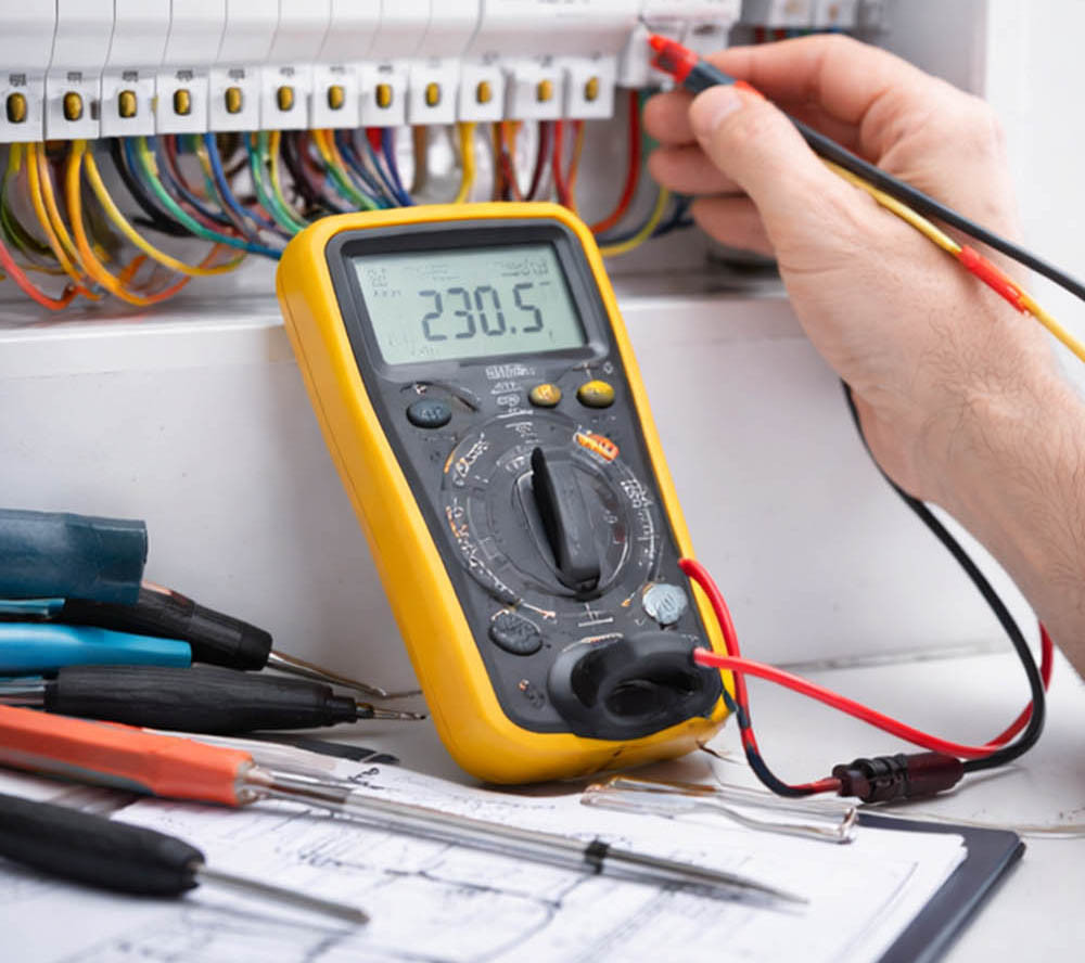 Götz Prüfung: Elektriker misst Spannung mit Multimeter an Schaltschrank