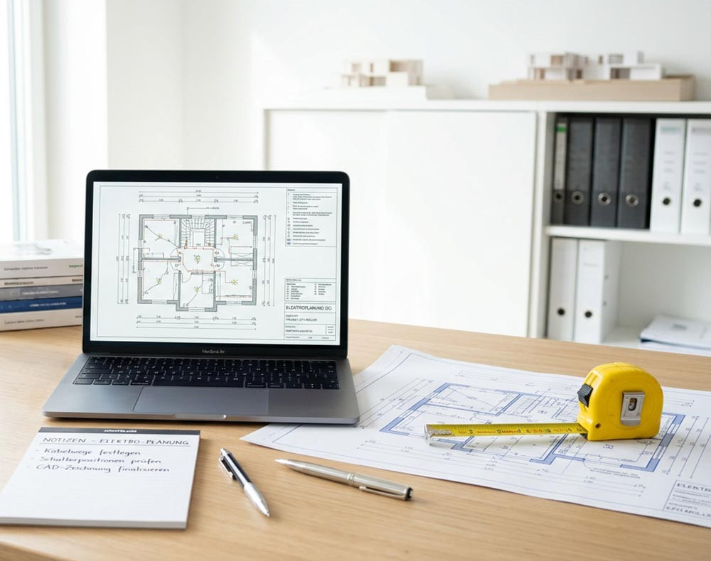 Goetz Elektrotechnik St. Georgen – Beratung, Planung und CAD-Zeichnungen für Elektroinstallation am Schreibtisch mit Laptop, Plänen und Installationszeichnungen
