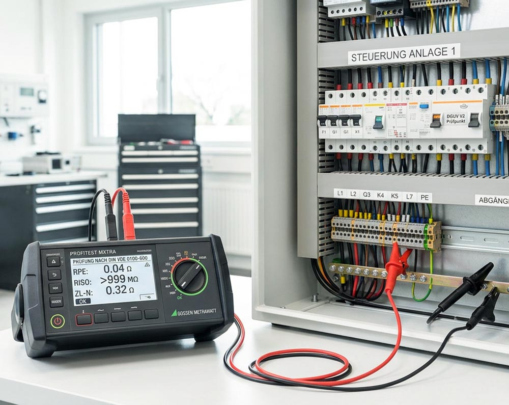 Goetz Elektrotechnik St. Georgen: Elektroprüfung mit Messgerät an Schaltschrank zur Sicherheitsprüfung und Normkontrolle durch Elektriker