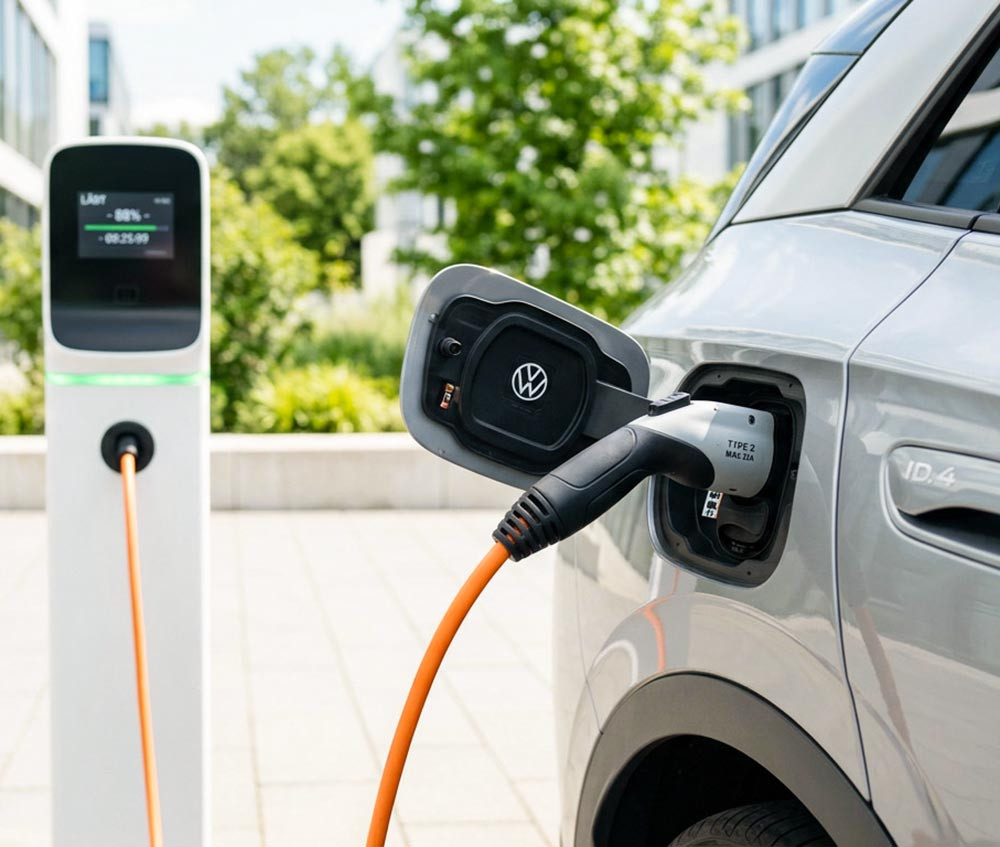 Elektroauto von Goetz Elektrotechnik St. Georgen an einer Wallbox Ladestation für nachhaltige E-Mobilität und Strom laden zuhause