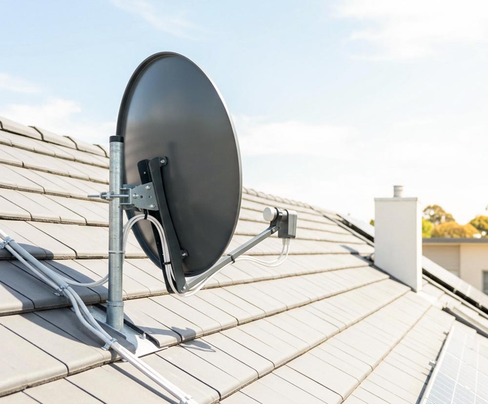 SAT-Anlage und Satellitenschüssel auf dem Dach, montiert von Götz Elektrotechnik in St. Georgen – professionelle Hausinstallation für TV-Empfang, Technik und Elektrik durch Elektriker.