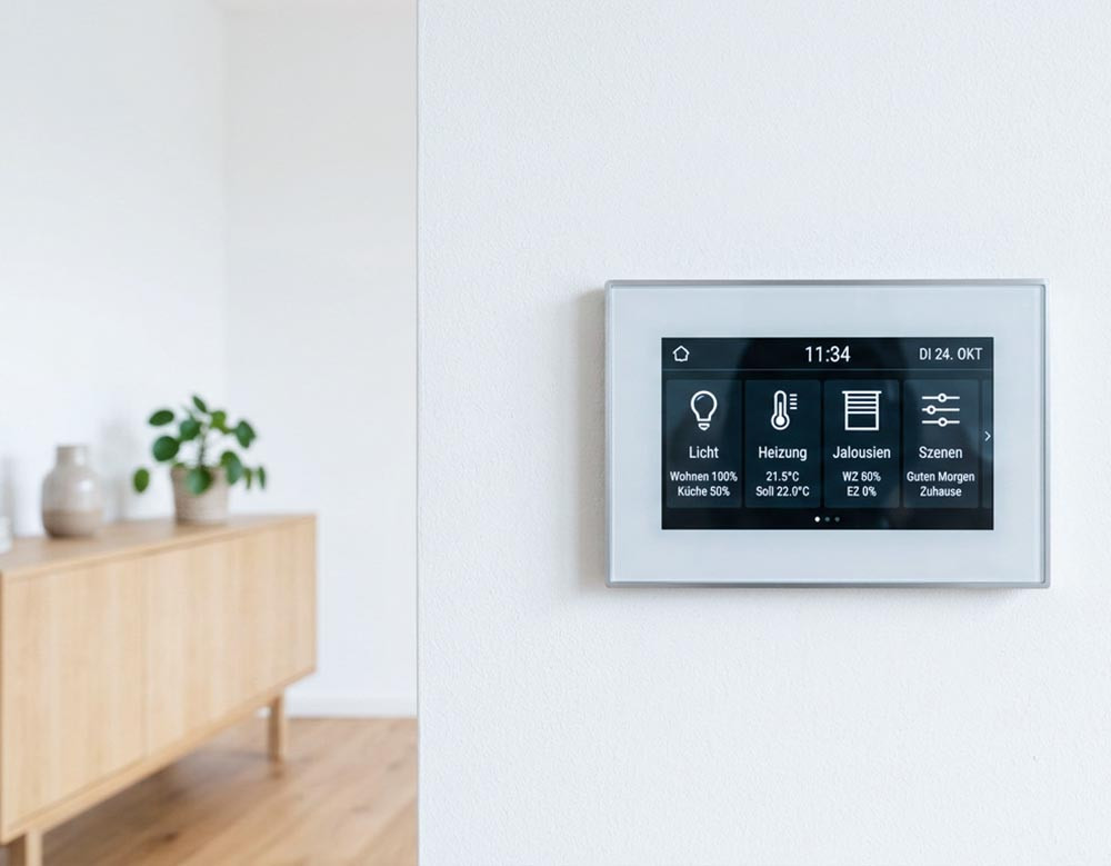 KNX EIB Smart Home Hausautomation Bedienpanel von Götz Elektrotechnik in St. Georgen zur Licht-, Klima- und Jalousiesteuerung im Innenraum