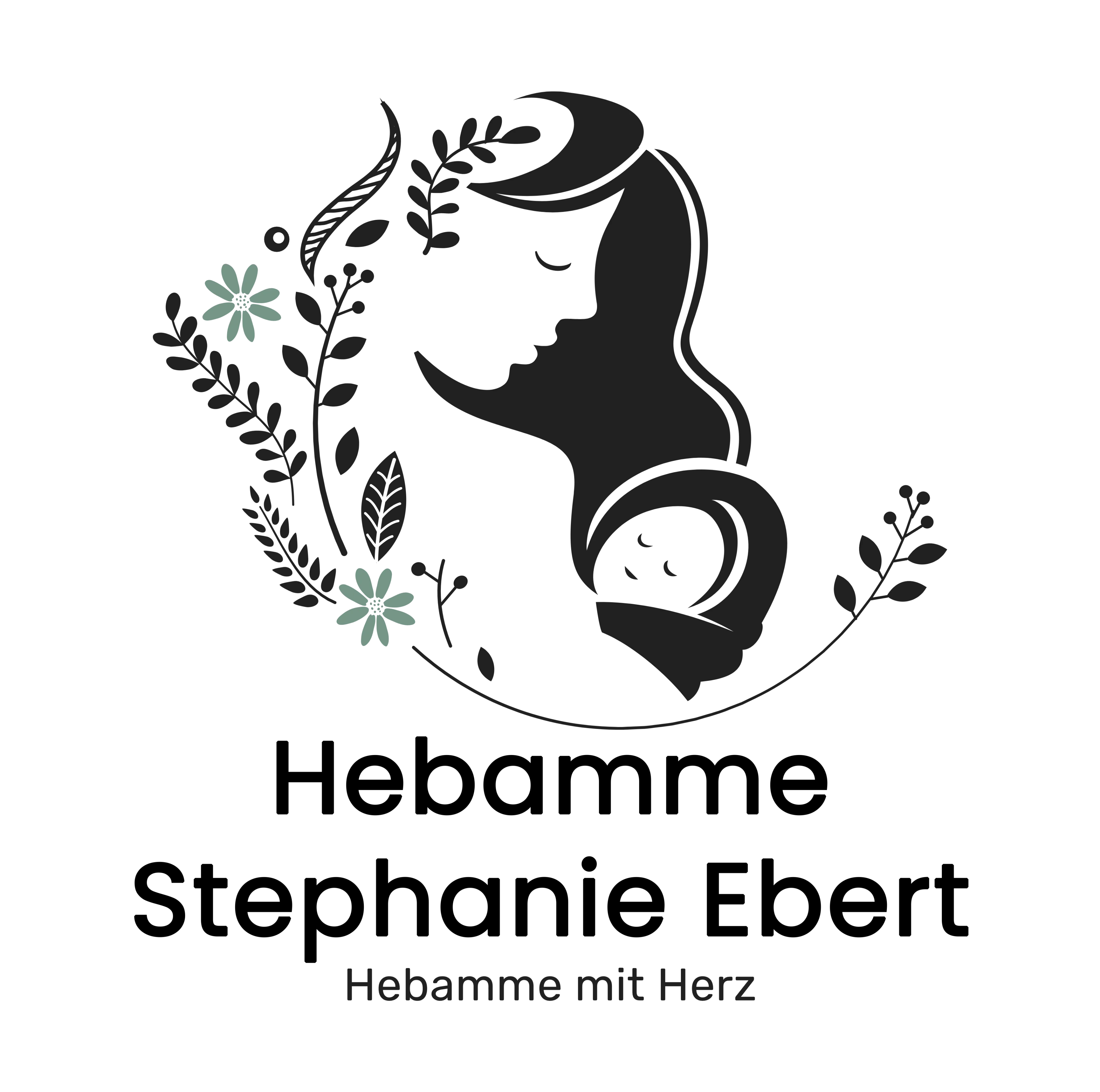 Logo transparent neu mit Illustration einer Hebamme mit Herz und floralen Elementen