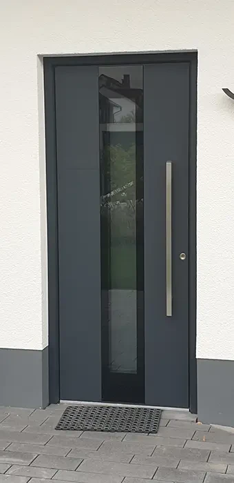 Moderne Aluhaustür Modell 95 mit Glaseinsatz und Edelstahlgriff