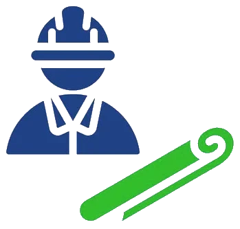 Icon für Bauen mit Bauarbeiter und Bauplan