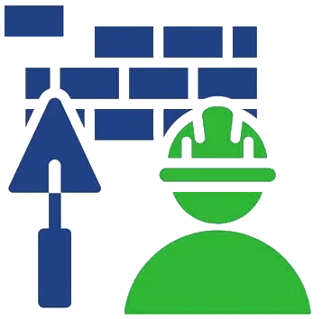Icon Bau – Bauarbeiter mit Helm vor Mauer und Maurerkelle