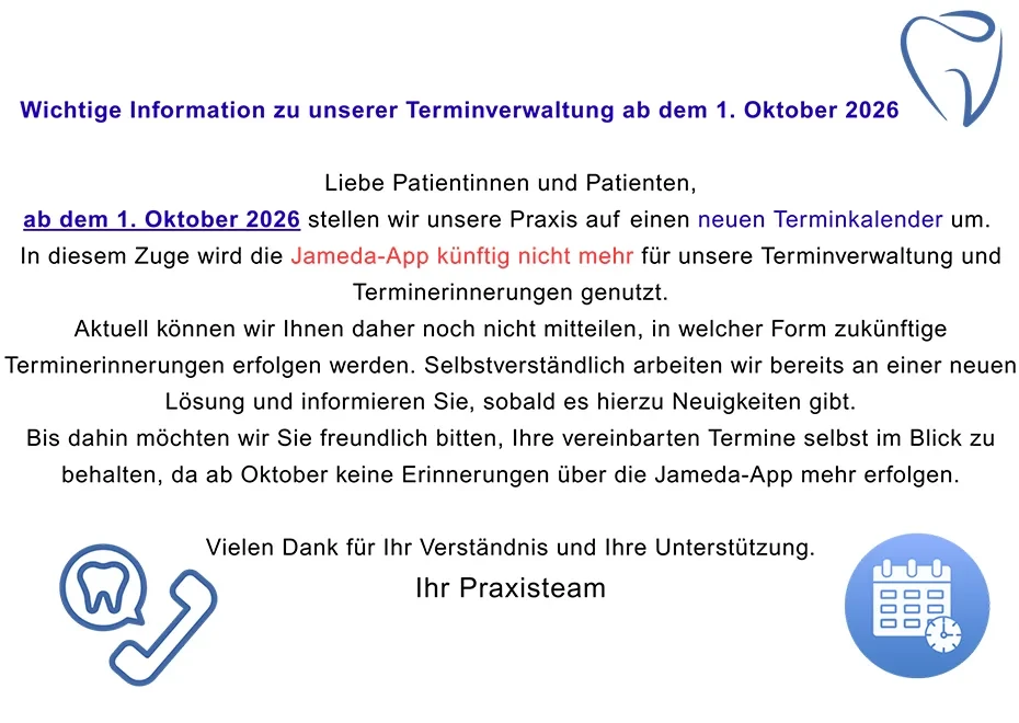 Hinweisschild zur Änderung der Terminverwaltung und Anmeldung in der Praxis ab Oktober 2026