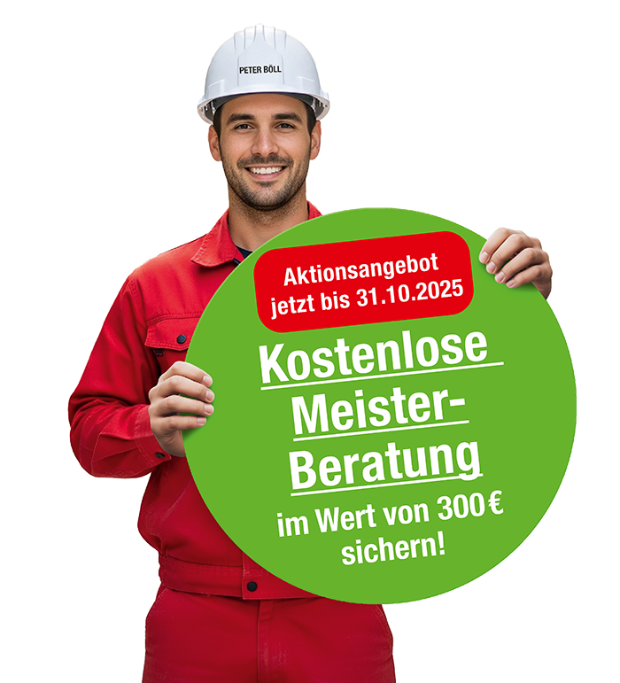 Mann in roter Arbeitskleidung mit Schild zur verlängerten Aktion bis 31.10.2025 für kostenlose Meister-Beratung im Wert von 300 Euro.