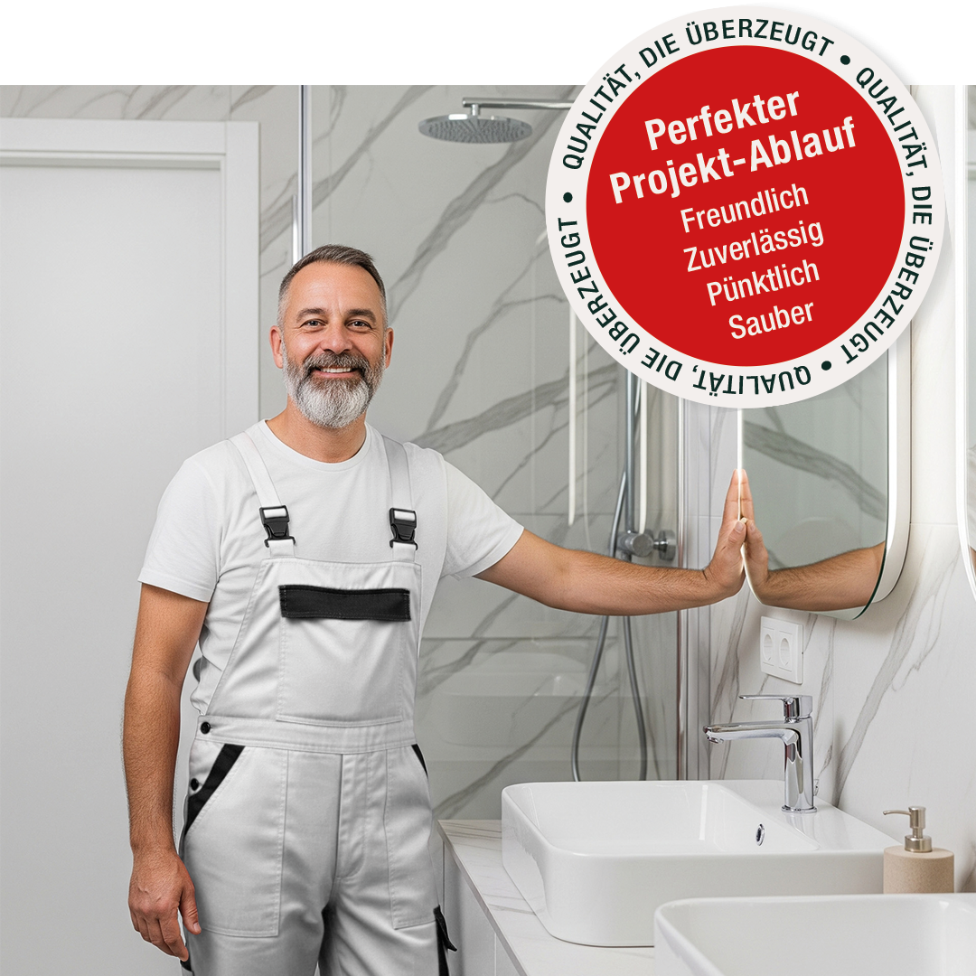 pb stucco Handwerker im Bad – Perfekter Projekt-Ablauf und Qualitätssiegel Handwerker im Badezimmer mit Hinweis auf perfekten Projekt-Ablauf und Qualitätssiegel – pb stucco