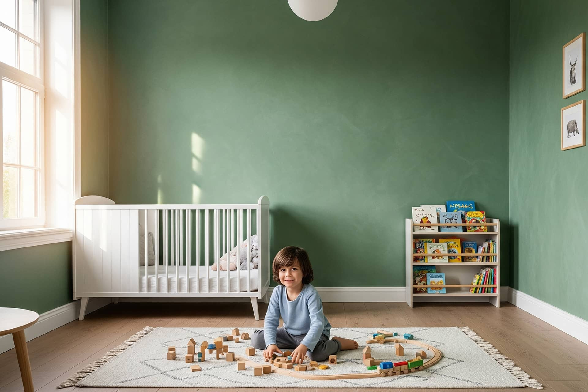 Modernes Kinderzimmer mit Stucco-Wand, Babybett und Spielbereich – pb-stucco-privat-1920 Kinderzimmer mit grünem Stucco-Wanddesign, Holzboden, weißem Babybett und Regal, Kind spielt mit Holzspielzeug auf Teppich