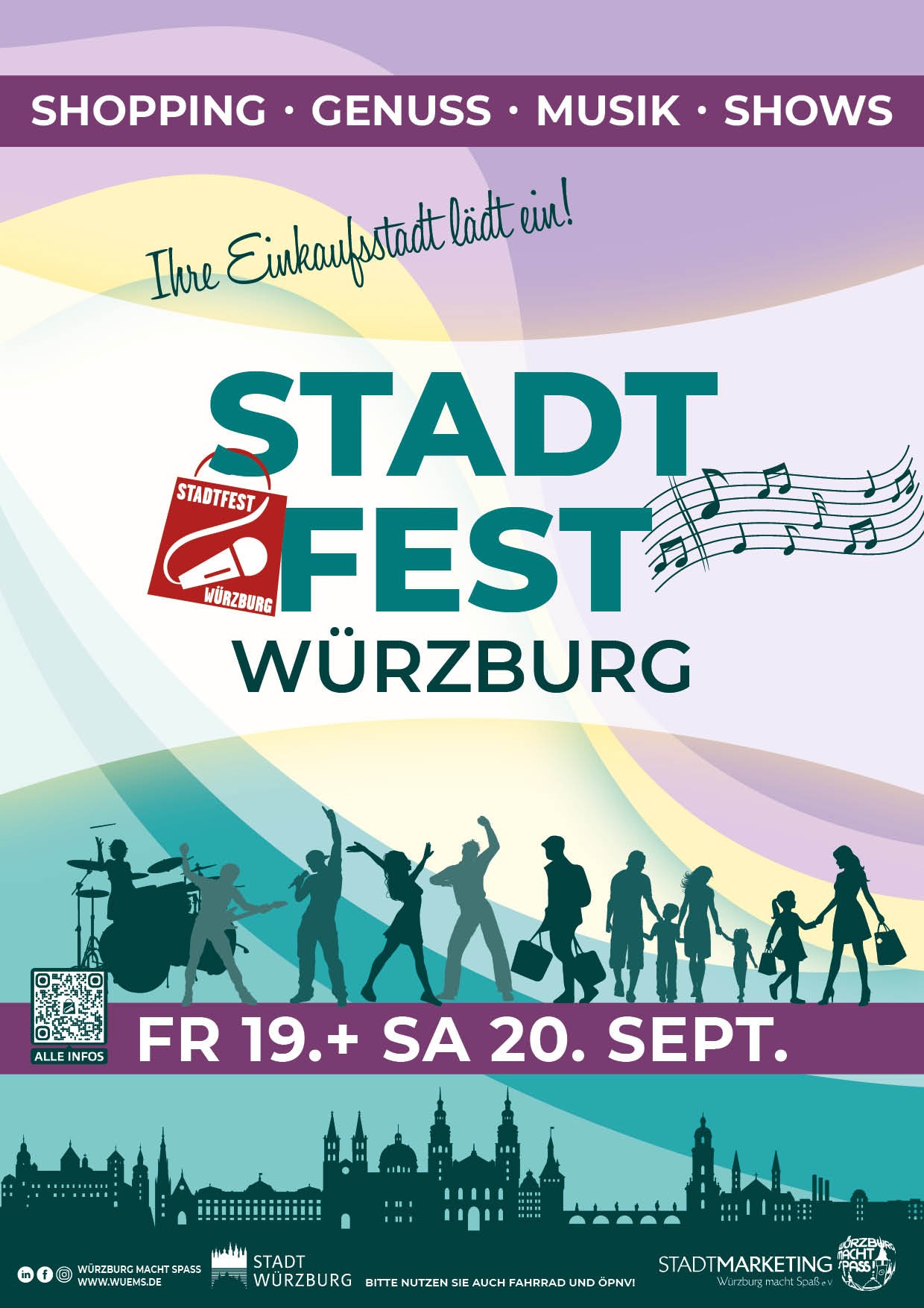 Stadtfest Würzburg 2023 Plakat mit Datum und Musik Plakat für das Stadtfest Würzburg 2023 mit musikalischen Noten und Silhouetten von Menschen