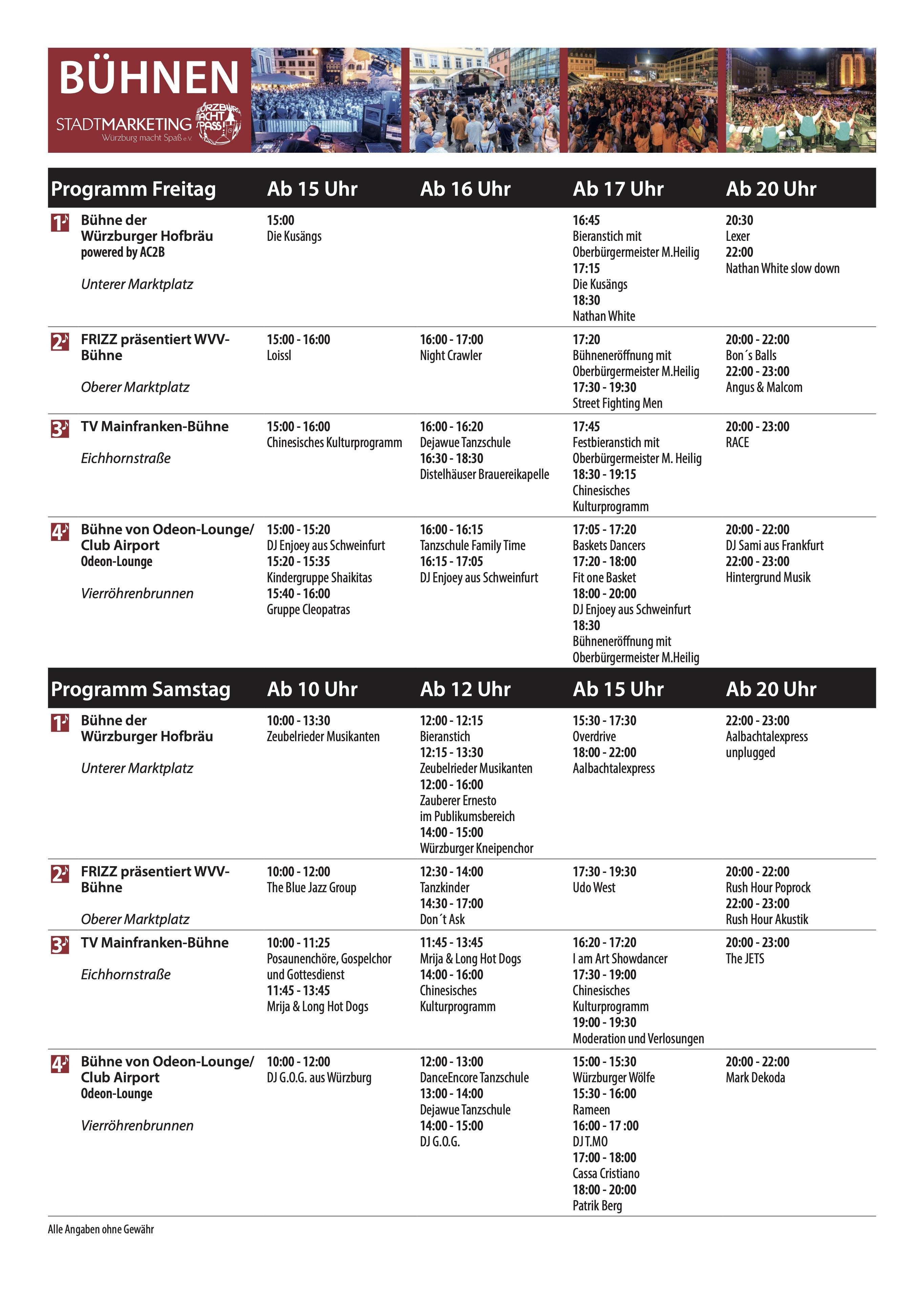 Programmheft Bühnenübersicht für das Stadtfest Würzburg mit Auftrittszeiten und Künstlern wie Würzburger Hofbräu, FRIZZ, TV Mainfranken und Odeon-Lounge Club Airport.