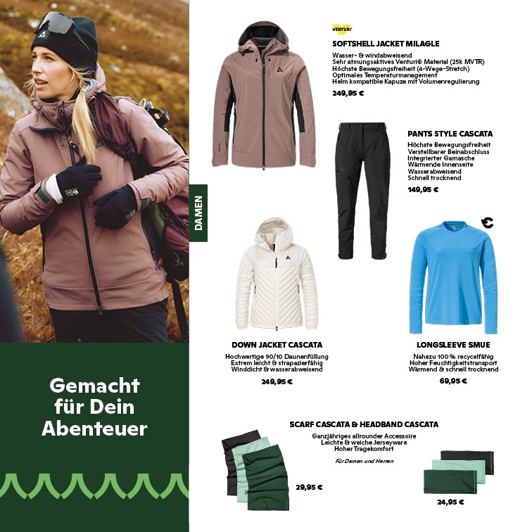 Outdoor-Bekleidung für Damen im hw25 Flyer: Softshell Jacket Milagle, Cascata Kollektion und mehr Flyer mit Outdoor-Bekleidung für Damen, darunter Softshell Jacket Milagle, Pants Style Cascata, Down Jacket Cascata, Longsleeve Smue sowie Scarf und Headband Cascata.