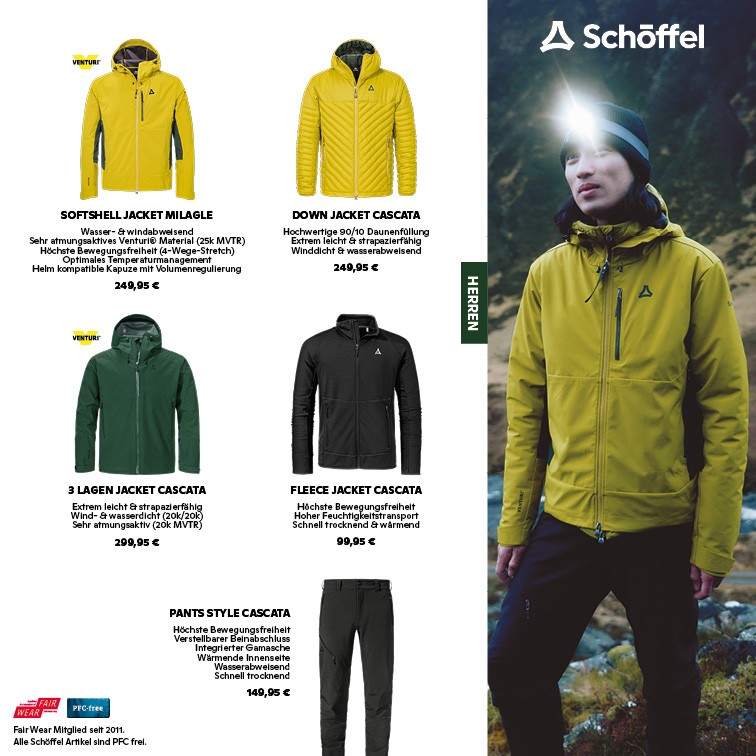Schöffel Herrenjacken und Hosen – Kollektion 2024 im Flyer, Modelle Milagle, Cascata und Style Schöffel Herren Outdoorjacken und Hosen Kollektion 2024 – Softshell, Down, 3 Lagen, Fleece Jacket Cascata und Pants Style Cascata