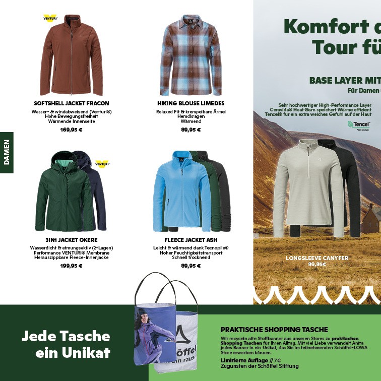Damen Outdoor-Bekleidung und Shopping Tasche von Schöffel – Softshell Jacket Fracon, Hiking Blouse Limedes, 3in1 Jacket Okere, Fleece Jacket Ash, Longsleeve Canyfer Flyer mit Damen Outdoor-Bekleidung wie Softshell Jacket Fracon, Hiking Blouse Limedes, 3in1 Jacket Okere, Fleece Jacket Ash, Longsleeve Canyfer und praktischer Shopping Tasche von Schöffel