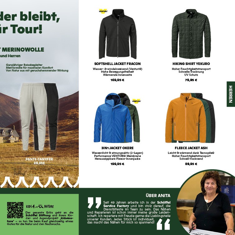 Herren Outdoor-Bekleidung von Venture und Schöffel Service Factory Teammitglied Anita auf Flyer hw25-flyer-1-inhalt4.jpg Flyer mit Herren Outdoor-Bekleidung wie Softshell Jacket Fracon, Hiking Shirt Yekuro, 3in1 Jacket Okere, Fleece Jacket Ash und Pants Canyfer von Venture sowie Vorstellung von Anita aus der Schöffel Service Factory.