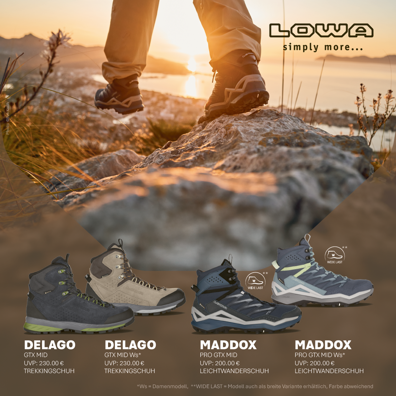 LOWA Delago und Maddox Trekking- und Leichtwanderschuhe GTX MID auf Flyer – Outdoor-Szene bei Sonnenuntergang LOWA Trekking- und Leichtwanderschuhe Delago und Maddox auf Flyer, Modelle GTX MID und PRO GTX MID, Outdoor-Szene bei Sonnenuntergang