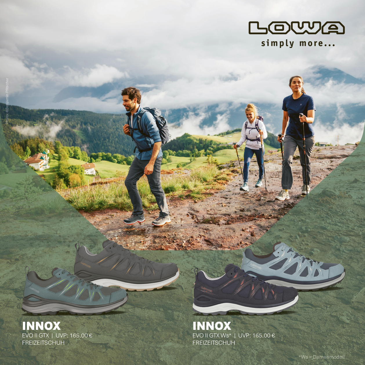 LOWA Innox EVO II GTX und EVO II GTX Ws Freizeitschuhe – Produktflyer mit Wanderern in den Bergen Wanderer in den Bergen mit LOWA Innox Freizeitschuhen, Produktflyer mit Innox EVO II GTX und EVO II GTX Ws Modellen