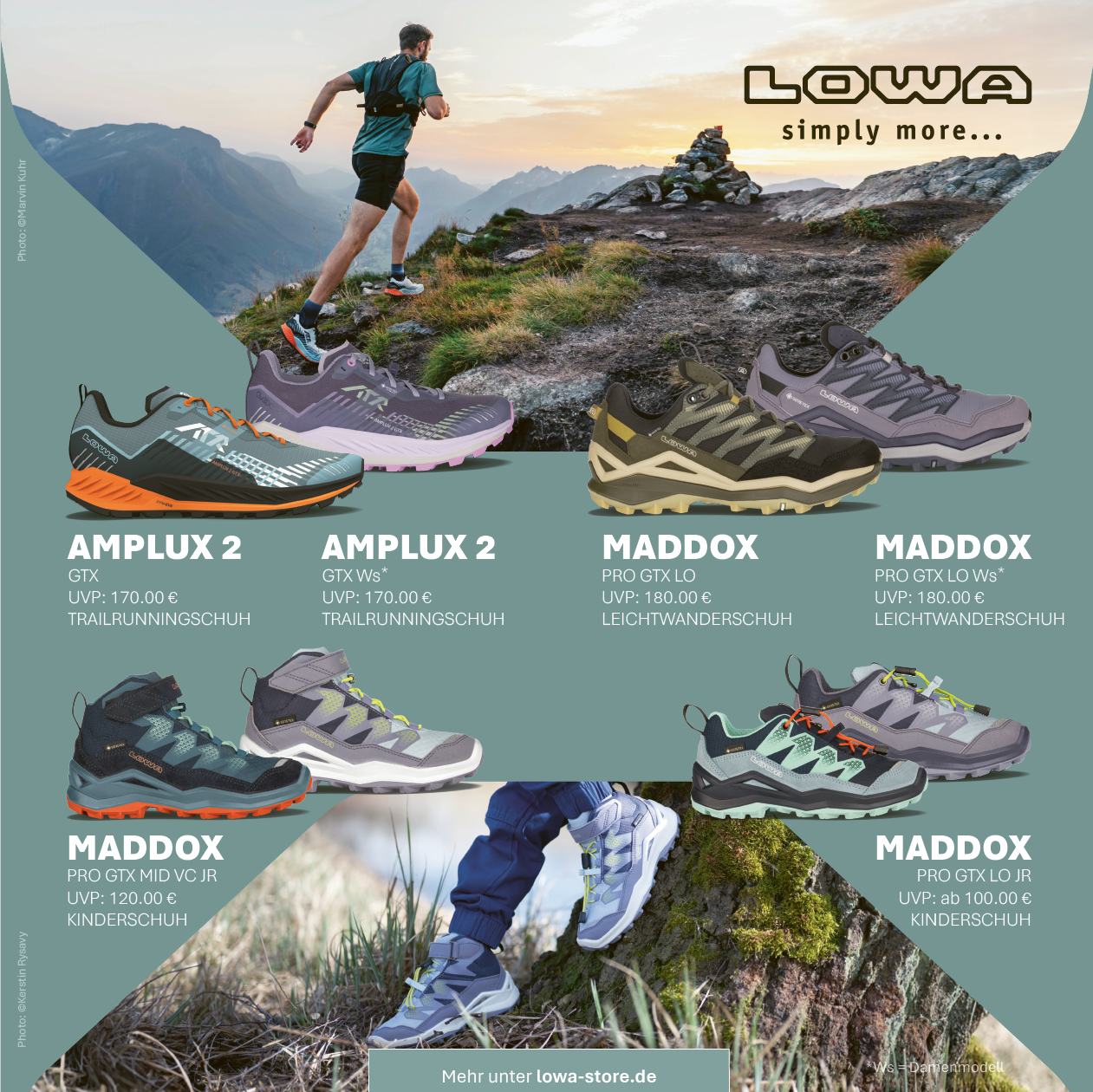 LOWA Amplex 2 und Maddox – Trailrunningschuhe und Wanderschuhe für Erwachsene und Kinder auf Flyer LOWA Flyer mit Amplex 2 und Maddox Trailrunningschuhen und Wanderschuhen für Erwachsene und Kinder