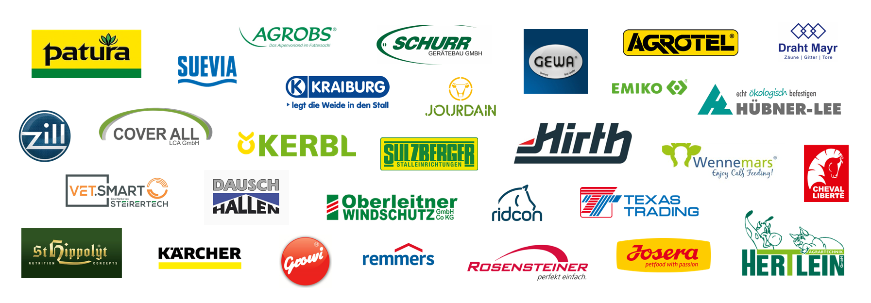 Parura Händler, Suevia Tränketechnik, Agrobs Pferdefutter, Kraiburg Gummimatten, Remmers, Jourdain Fressgitter, Gewa Stallzubehör aus Kunststoff, Agrotel Bogenhallen, Hübner-Lee Paddockplatten, Draht Mayr Zäune und Tore, Zill, Cover All Rundbogenhallen