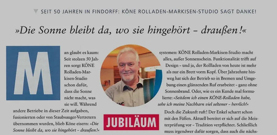 KÖNE Rolladen-Markisen-Studio Jubiläum in Findorff – Auszug aus einem Blogartikel mit Bild eines Mitarbeiters und Jubiläumshinweis