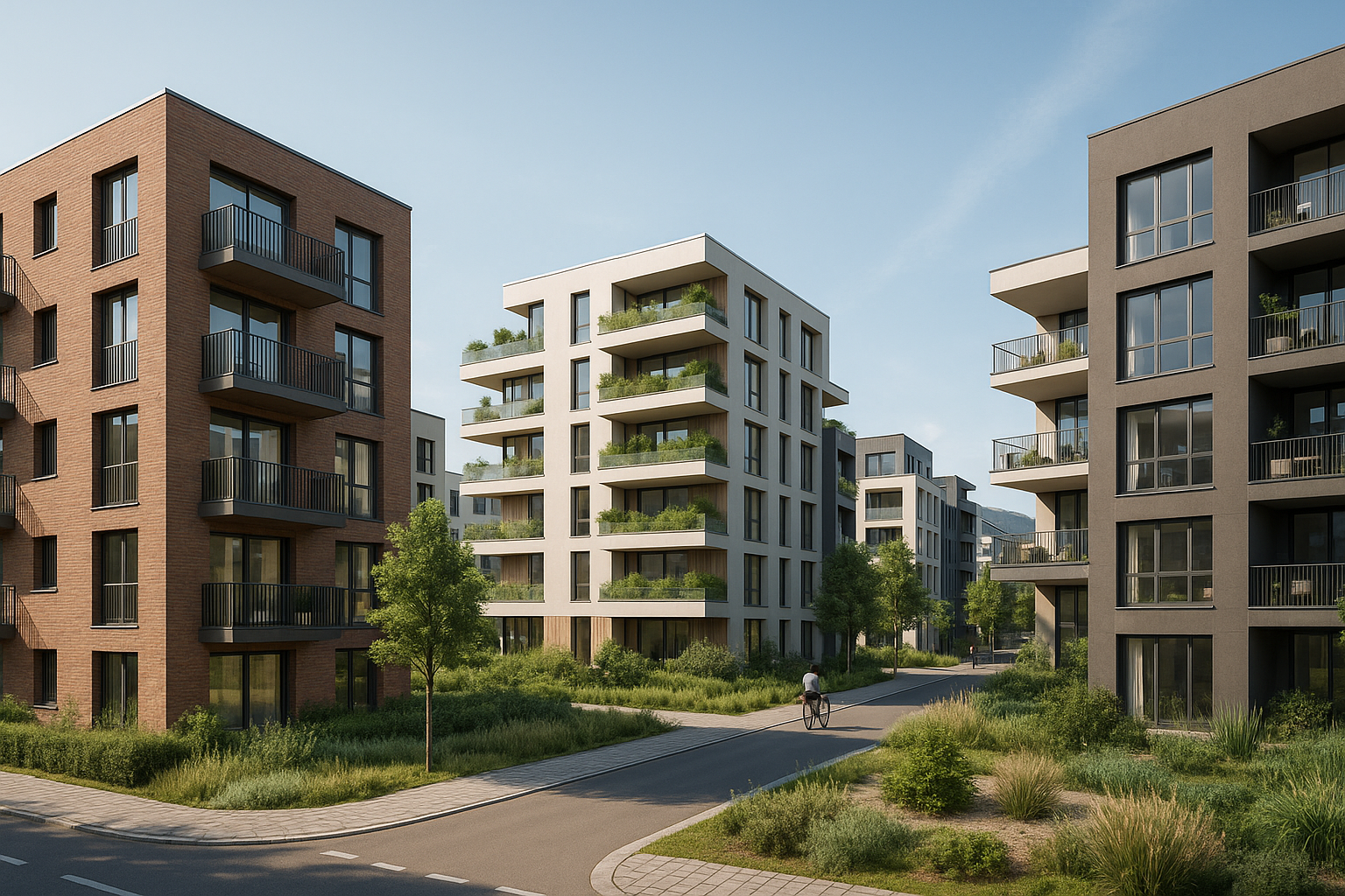 Moderne Neubauwohnungen mit Balkonen und viel Grün in einer Wohnanlage bei sonnigem Wetter