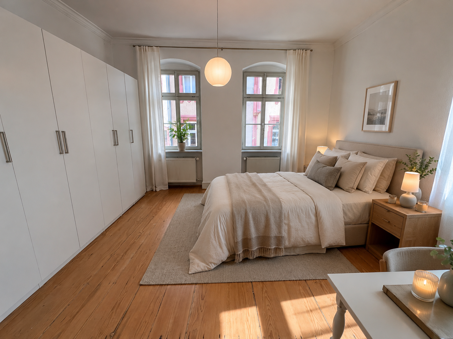 Modernes, helles Schlafzimmer mit Doppelbett, Holzfußboden und großen Fenstern