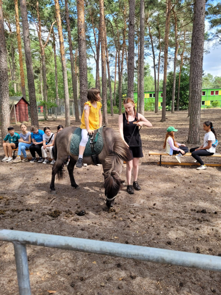 Kinder beim Reiten im Wald auf einem Pony Kinder beim Reiten im Wald auf einem Pony