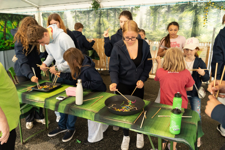 Ferienfreizeit in Seifhennersdorf: Kinder und Jugendliche spielen Geschicklichkeitsspiel mit Stäbchen Kinder und Jugendliche beim Geschicklichkeitsspiel mit Stäbchen auf dem Ferienlager in Seifhennersdorf