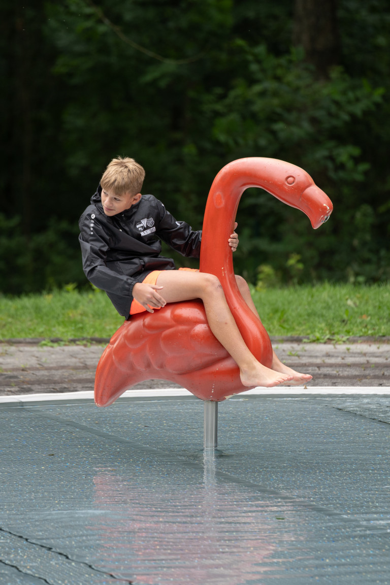 Junge auf Flamingo-Spielgerät im Freibad Seifhennersdorf Junge sitzt auf rotem Flamingo-Spielgerät im Freibad Seifhennersdorf
