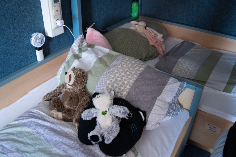 Gemütliches Bett mit Kuscheltieren in Seifhennersdorf – Unterkunft und Schlafplatz Gemütliches Bett mit Kuscheltieren in einer Unterkunft in Seifhennersdorf