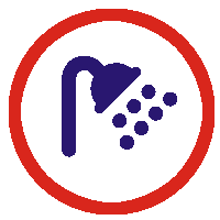 Bäder Symbol – Duschkopf Icon für Badezimmer oder Sanitärbereich Symbol für Bäder: Duschkopf mit Wasserstrahl in rotem Kreis