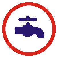 Sanitär Symbol – Wasserhahn Icon für Sanitärinstallationen Symbol für Sanitär: Wasserhahn-Icon mit rotem Kreis