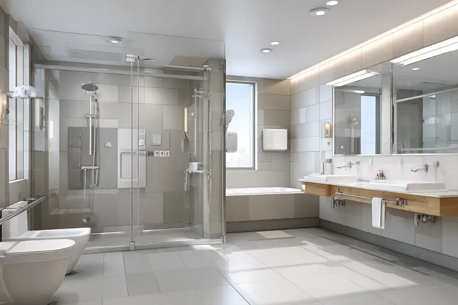 Modernes Badezimmer mit großer Glasdusche, Badewanne und Doppelwaschbecken