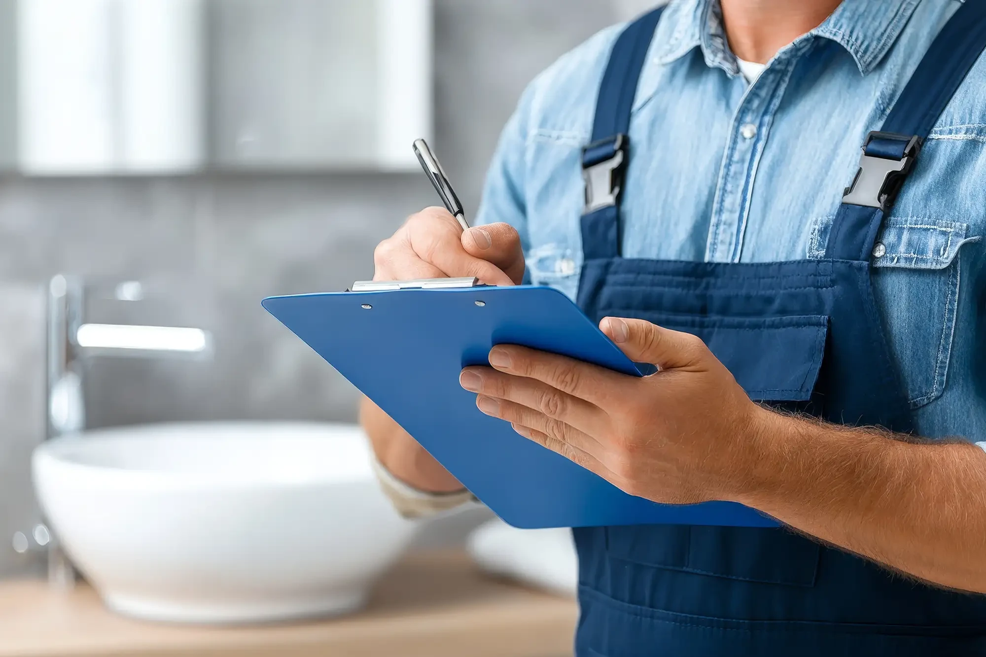 Headerbild Jobs – Handwerker mit Klemmbrett bei der Arbeit Headerbild Jobs: Handwerker in Arbeitskleidung schreibt auf einem Klemmbrett