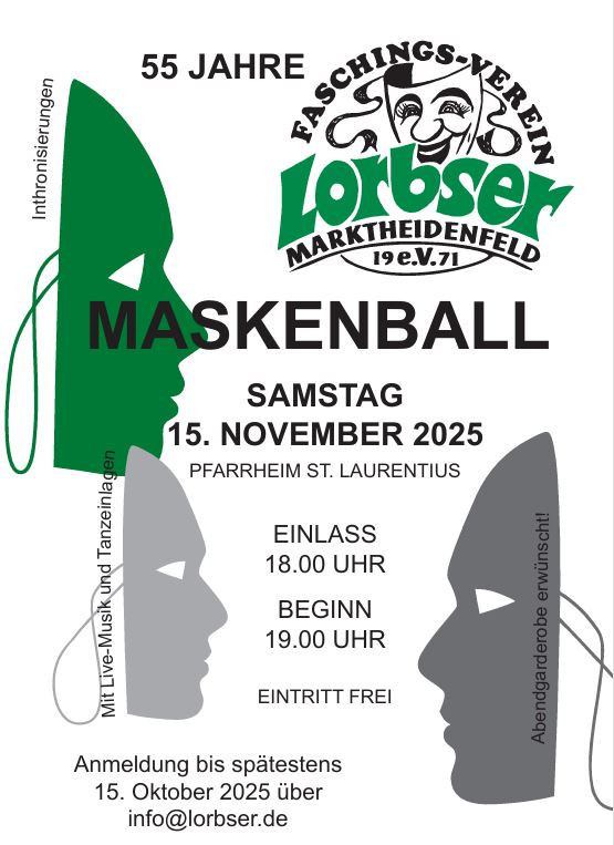 Flyer Maskenball 2025 des Faschingsvereins Lorbser Marktheidenfeld im Pfarrheim St. Laurentius