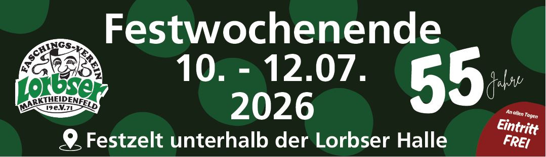 Banner mit Veranstaltungsankündigung für das Wochenende vom 10. bis 12.07.2026 unterhalb der Lorbeeren