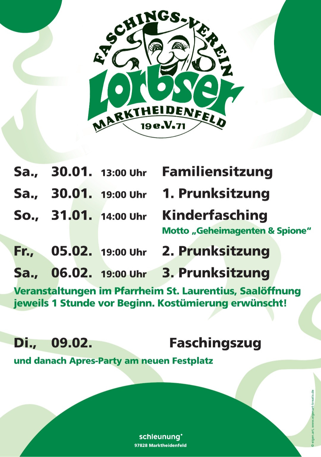 Screenshot mit Veranstaltungskalender der Lorbser Marktheidenfeld für Fasching 2026