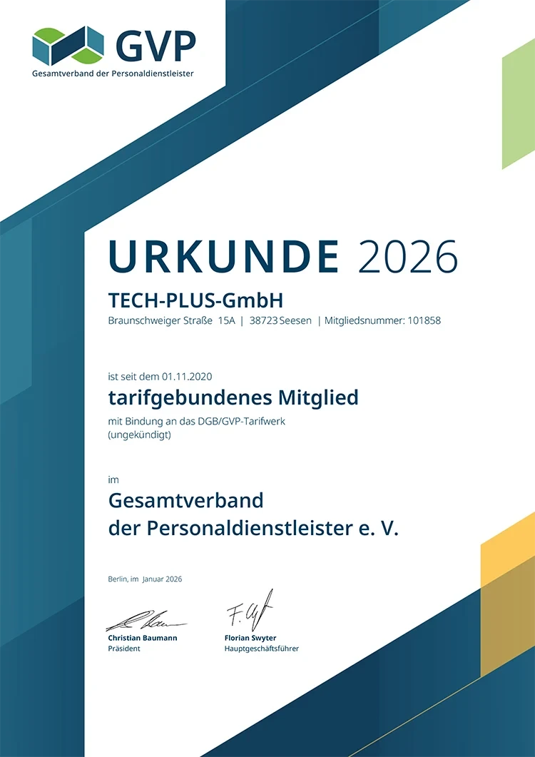 GVP Mitgliedsurkunde 2026 für TECH-PLUS-GmbH im Gesamtverband der Personaldienstleister e. V.