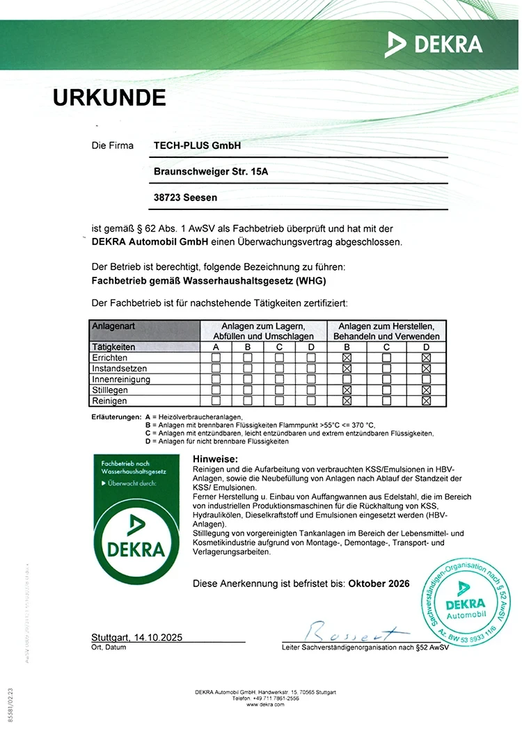 WHG Urkunde 2026 der TECH-PLUS GmbH aus Seesen, ausgestellt am 14.10.2025 von DEKRA Automobil GmbH