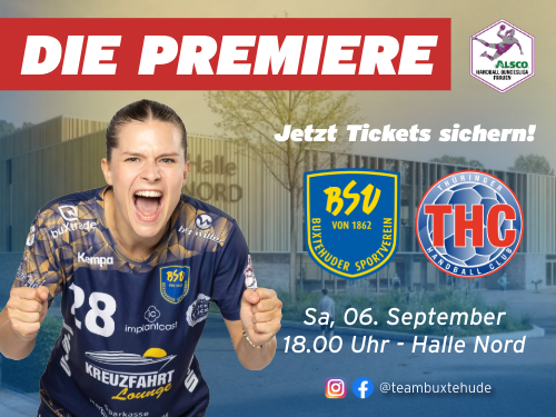 Werbeplakat für das Handballspiel Buxtehuder SV gegen Thüringer HC am 6. September in der Halle Nord