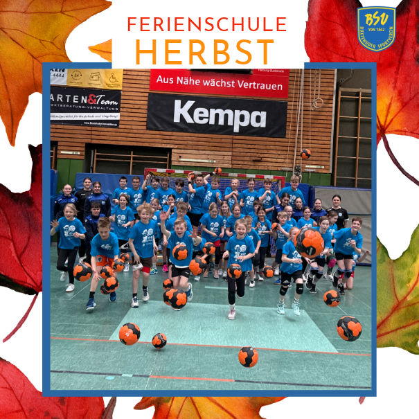 Gruppenfoto der Herbstferienschule 2024 des RSV in der Sporthalle mit Kindern und Handbällen, Kempa-Banner im Hintergrund
