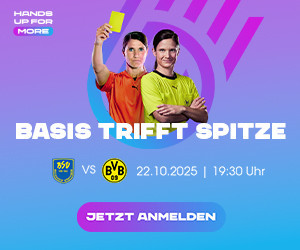 Werbegrafik fr das Fuballspiel BTS vs BVB am 22.10.2025 mit Schiedsrichtern und Anmeldeaufruf