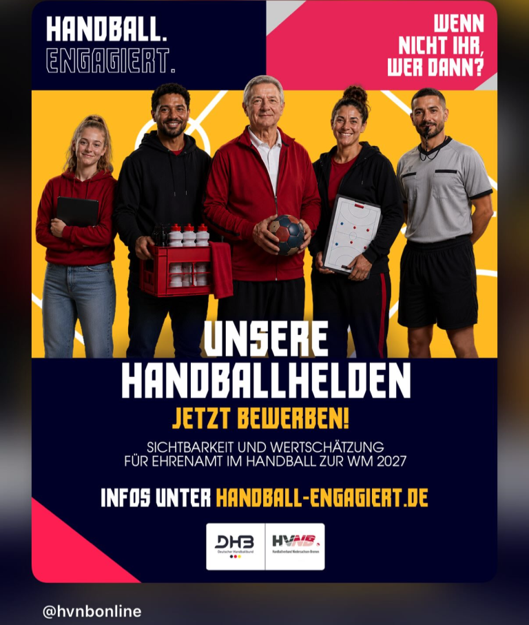 Gruppe von Handballhelden mit Trainer, Schiedsrichter und Ehrenamtlichen zur WM 2027 – Jetzt bewerben für das Ehrenamt im Handball