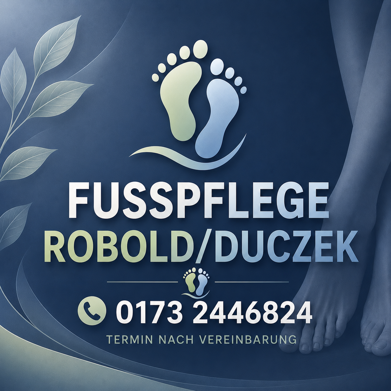 Logo und Kontakt von Fußpflege Robold Duczek mit Telefonnummer und Termin nach Vereinbarung